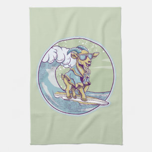 Cartoon goat on a surfboard tea towel