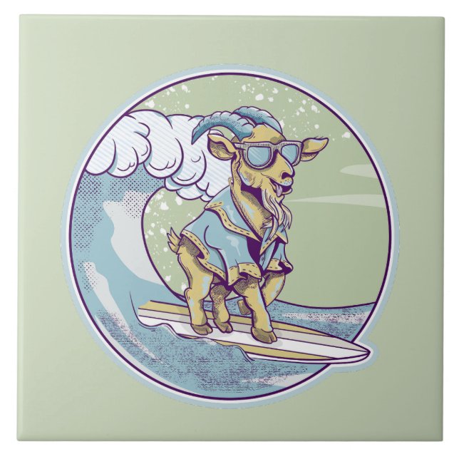 Cartoon goat on a surfboard tile (Front)