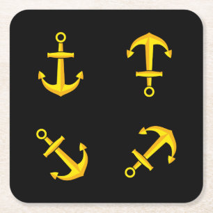 Cartoon Golden Boat Anchor Set Square Paper Coaster