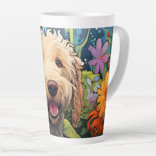 Cartoon Goldendoodle in a Garden Latte Mug