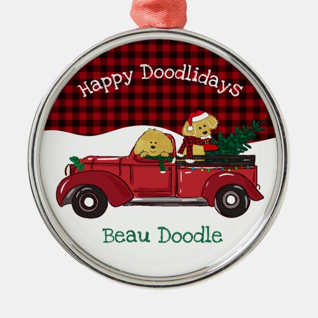 Cartoon Goldendoodles Red Christmas Truck Metal Tree Decoration (Front)
