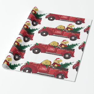 Cartoon Goldendoodles Red Christmas Truck Wrapping Paper