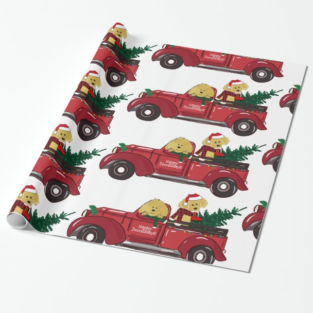 Cartoon Goldendoodles Red Christmas Truck Wrapping Paper (Unrolled)