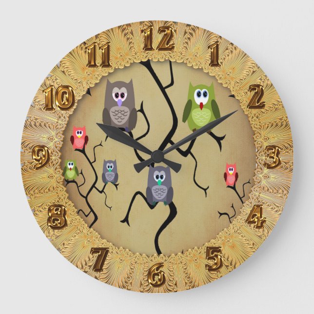 Cartoon Great Horned Owls Large Clock (Front)