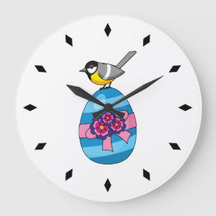 Cartoon Great Tit with Easter Egg Large Clock