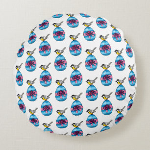 Cartoon Great Tit with Easter Egg Round Cushion