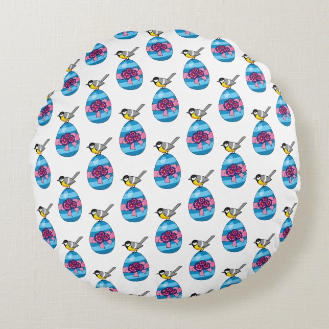 Cartoon Great Tit with Easter Egg Round Cushion (Front)