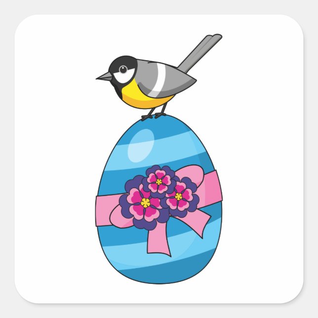 Cartoon Great Tit with Easter Egg Square Sticker (Front)