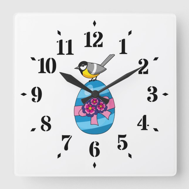 Cartoon Great Tit with Easter Egg Square Wall Clock (Front)