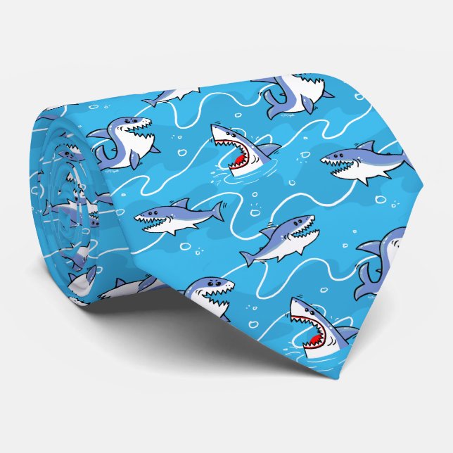 Cartoon Great White Sharks Tie (Rolled)