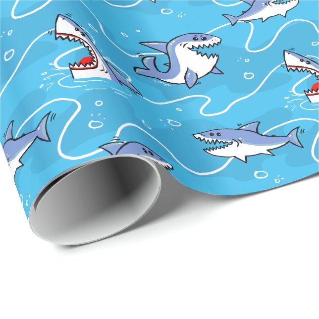 Cartoon Great White Sharks Wrapping Paper (Roll Corner)