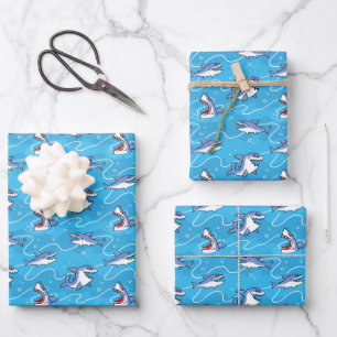 Cartoon Great White Sharks Wrapping Paper Sheet