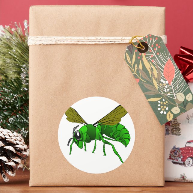 Cartoon green and lime hornet wasp bee classic round sticker (Holiday)
