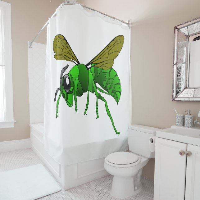 Cartoon green and lime hornet wasp bee shower curtain (In Situ)