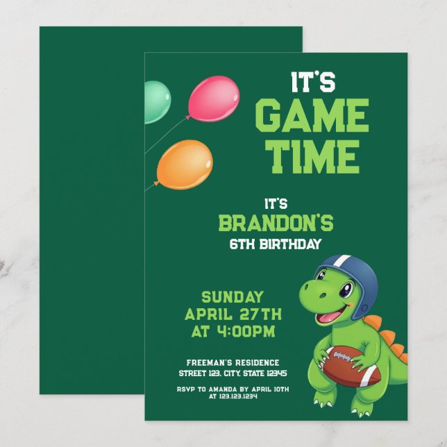 Cartoon Green Dinosaur Football Kids Birthday Invitation (Front/Back)