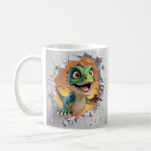 Cartoon Green Dinosaur Joyfully Breaking wall Coffee Mug