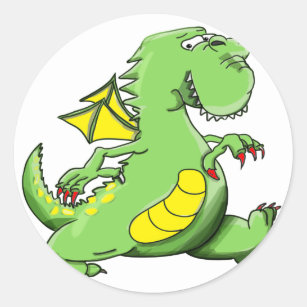 Cartoon green dragon walking on his back feet classic round sticker