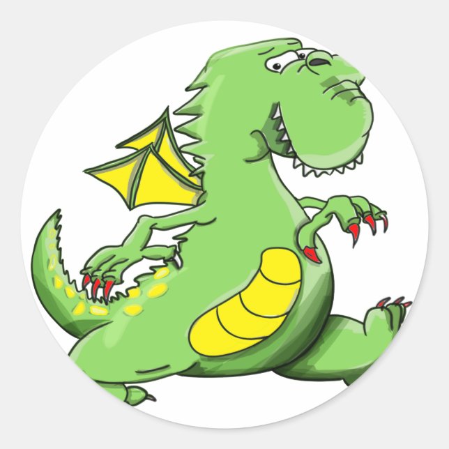 Cartoon green dragon walking on his back feet classic round sticker (Front)