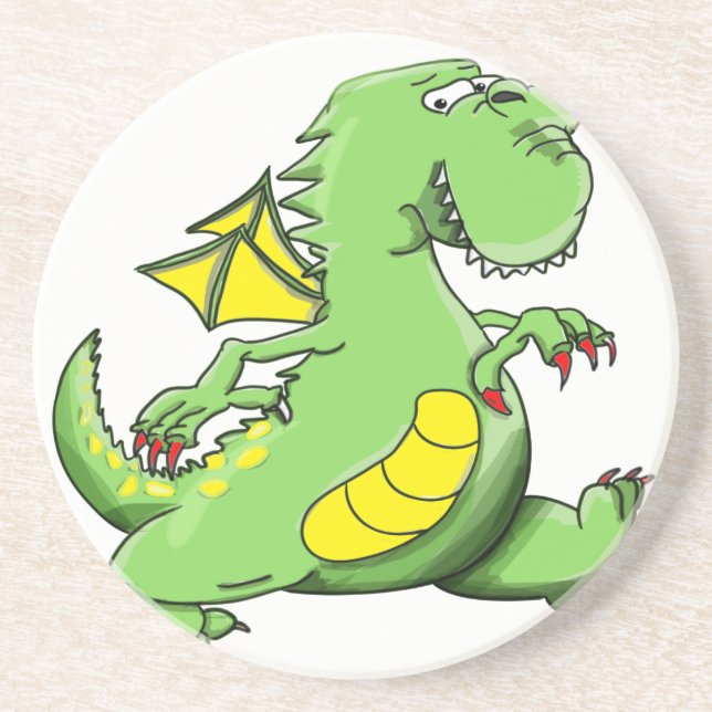 Cartoon green dragon walking on his back feet coaster (Front)