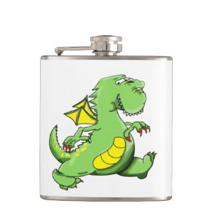 Cartoon green dragon walking on his back feet hip flask