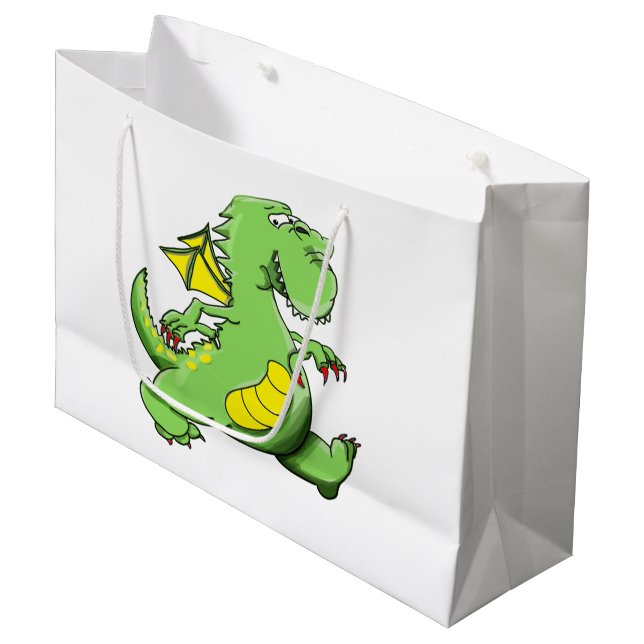 Cartoon green dragon walking on his back feet large gift bag (Front Angled)