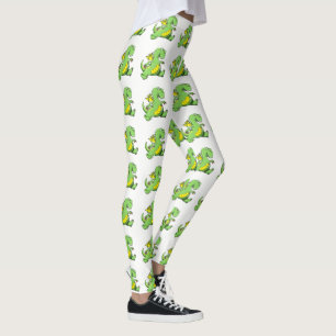 Cartoon green dragon walking on his back feet leggings