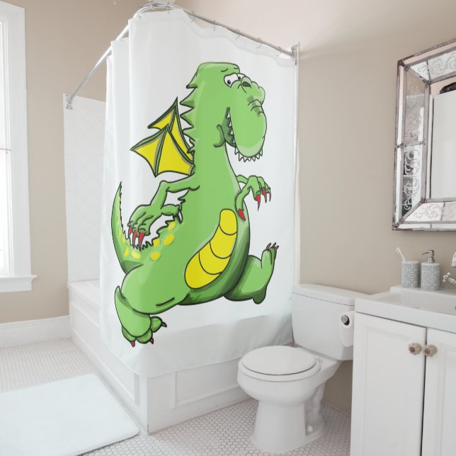 Cartoon green dragon walking on his back feet shower curtain (In Situ)