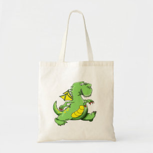 Cartoon green dragon walking on his back feet tote bag