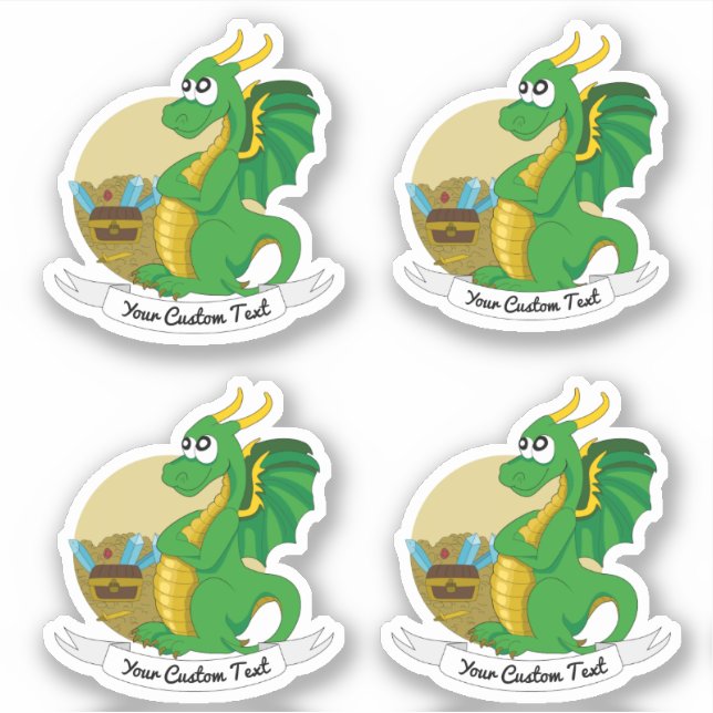 Cartoon green dragon with treasure and text (Front)