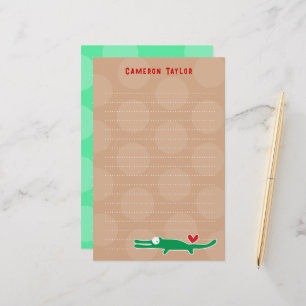 Cartoon Green Gator Kids Children Dots Thank You Stationery