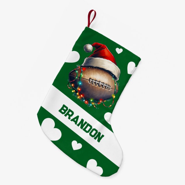 Cartoon Green Merry American Football Name Small Christmas Stocking (Front (Hanging))