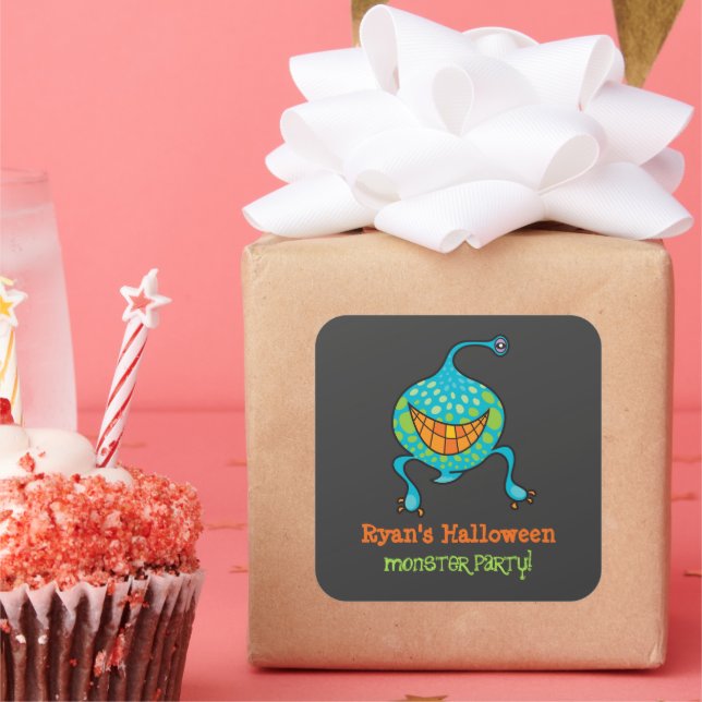 Cartoon Green Monster Alien Kid's Halloween Party Square Sticker (Party)