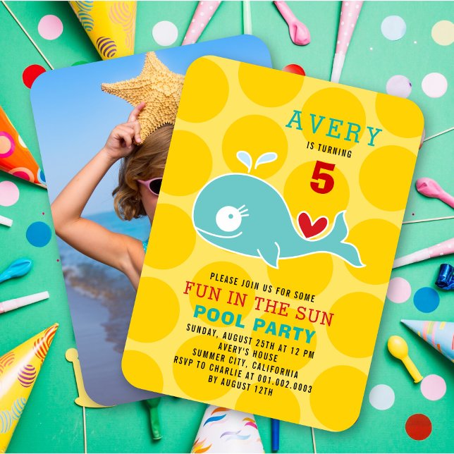 Cartoon Green Whale Pool Party Girl Photo Birthday Invitation (Cartoon Green Whale Pool Party Photo Girl's Birthday Invitation @ fatfatin_mini_me)
