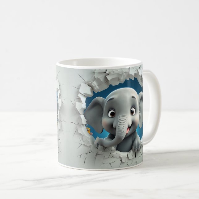 Cartoon Grey Elephant Breaking Through Light Grey  Coffee Mug (Front Right)