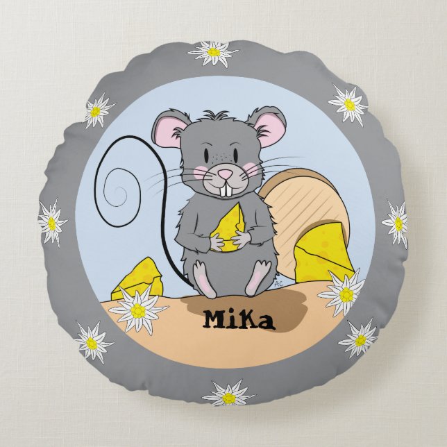 Cartoon grey mouse personalised kid round pillow (Front)