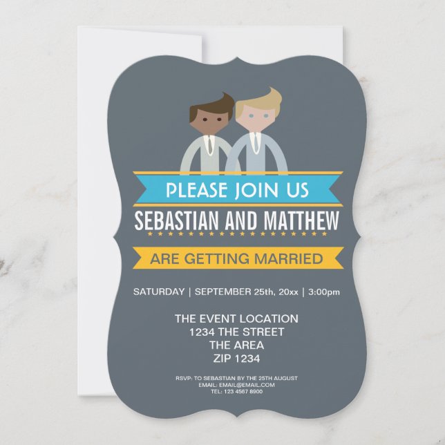 Cartoon Grooms Gay Wedding Themed Invitation (Front)