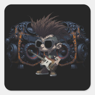 Cartoon Grunge Punk Rock & Roll Guitar Speakers Square Sticker
