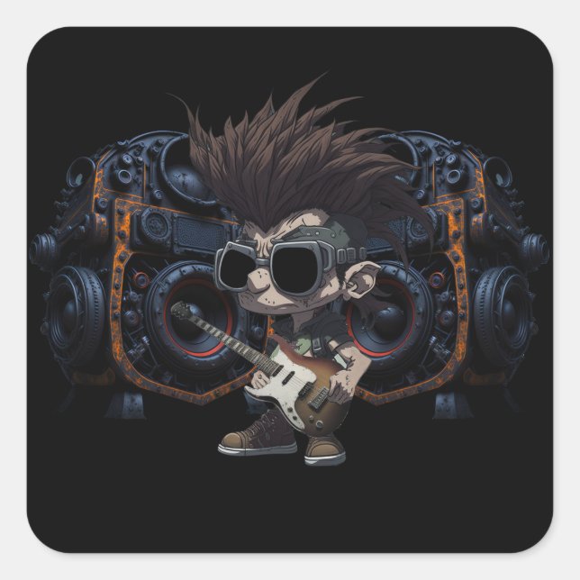 Cartoon Grunge Punk Rock & Roll Guitar Speakers Square Sticker (Front)