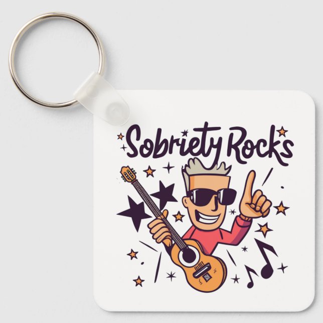 Cartoon Guitar Sobriety Rocks Custom Sober Date Key Ring (Front)