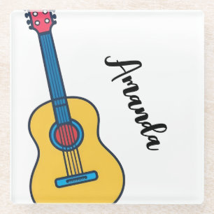 Cartoon Guitar with Bold Neck Strings Name Glass Coaster