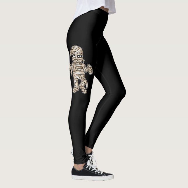 Cartoon Halloween Mummy Illustration On Black Leggings (Right)