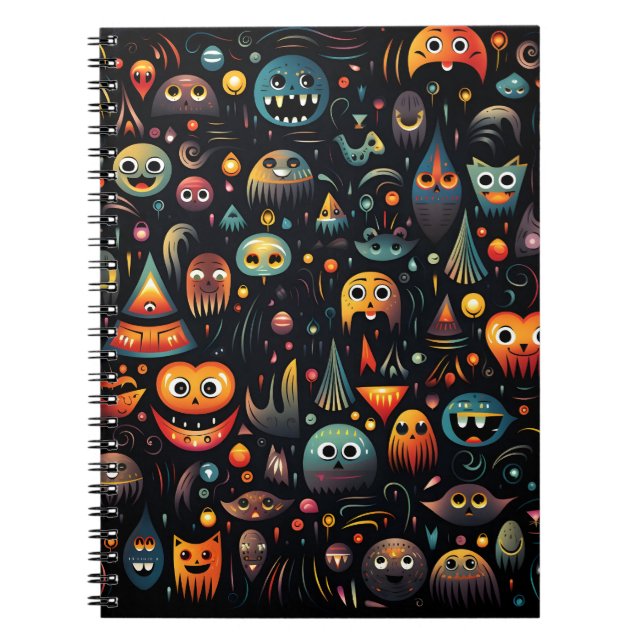 Cartoon Halloween Pattern Cool Monsters and Ghosts Notebook (Front)