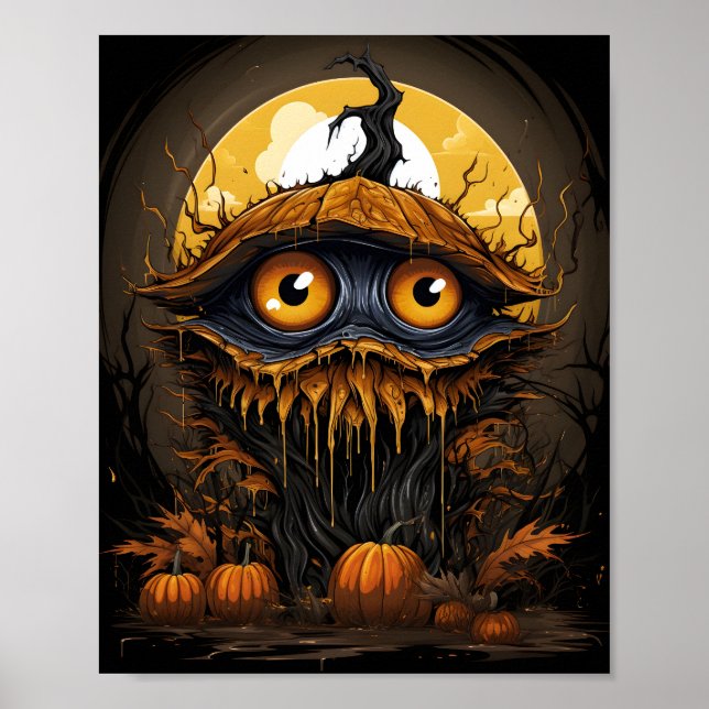 Cartoon Halloween Tree Pumpkin With A Spooky Eyes Poster (Front)