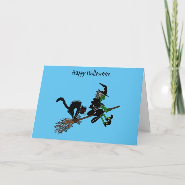 Cartoon Halloween Witch & Cat Card (Front)