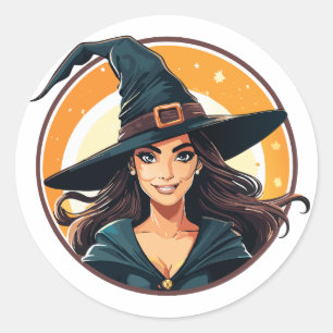 Cartoon halloween witch portrait classic round sticker