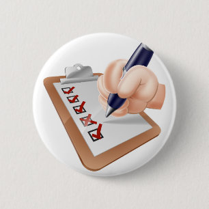 Cartoon hand completing survey 6 cm round badge