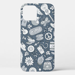 Cartoon hand drawn hippie doodles seamless pattern iPhone 12 case