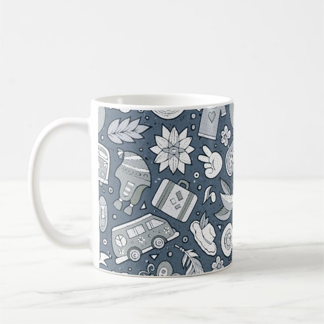 Cartoon hand drawn hippie doodles seamless pattern coffee mug (Left)