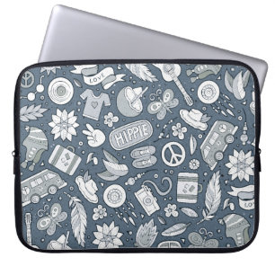 Cartoon hand drawn hippie doodles seamless pattern laptop sleeve