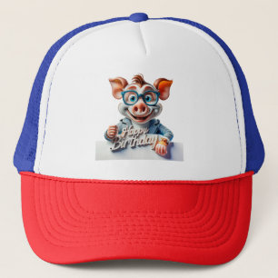Cartoon Happy Birthday Illustration A cute Pig Trucker Hat
